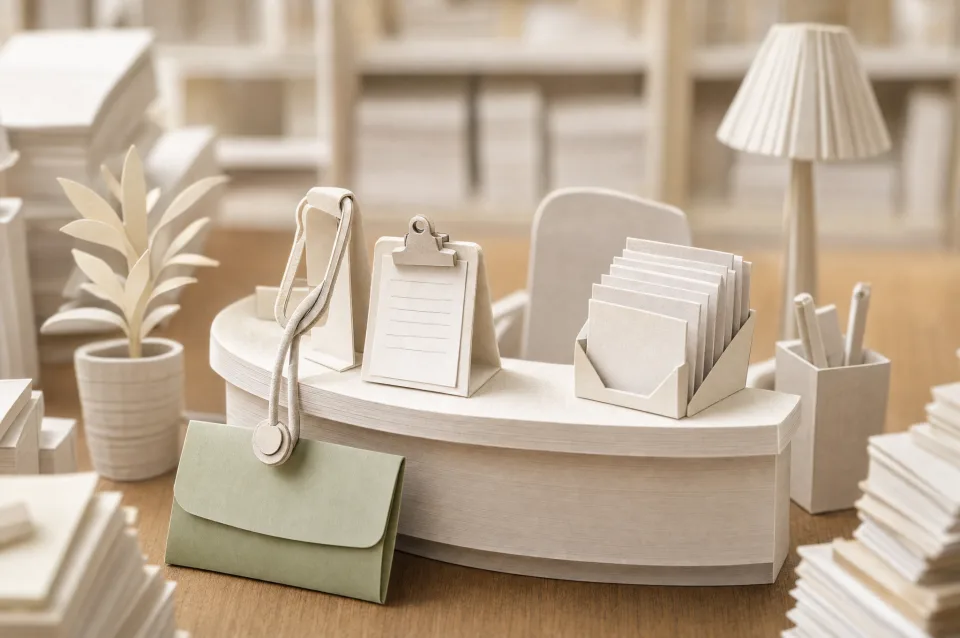 Miniature paper medical reception desk with a sage-green folder