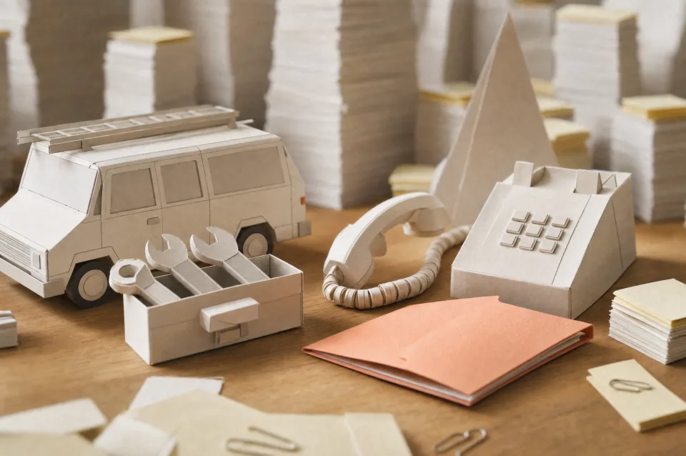Miniature paper work van beside a toolbox and a coral folder