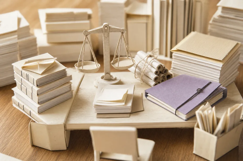 Miniature paper professional office with ledgers and a violet folder